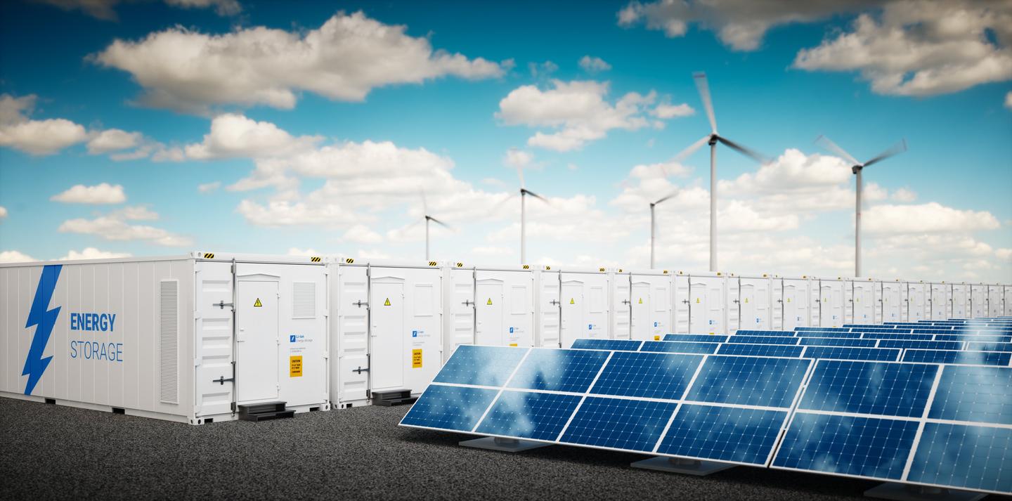 Concept of energy storage system, renewable energy power plants, photovoltaics, wind turbine farm and  battery container 3d rendering