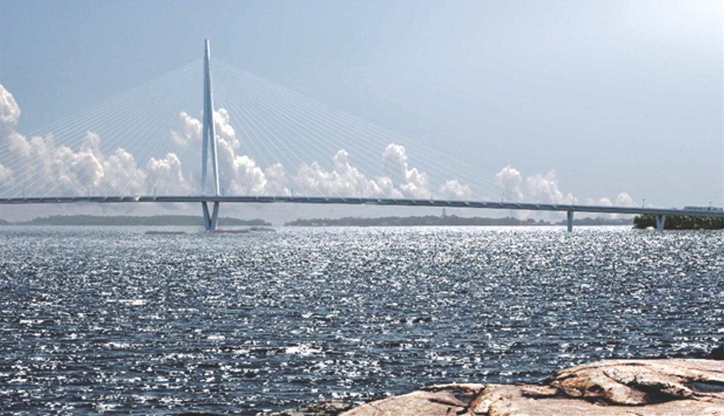 The longest of the Crown Bridges in Helsinki, Finland. 1.2km
long cable stayed bridge. The bridge
will shorten the distance from the
islands of Laajasalo to the centre of
Helsinki.
Cable-Stayed Bridge
light rail, pedestrian
and cyclist traffic