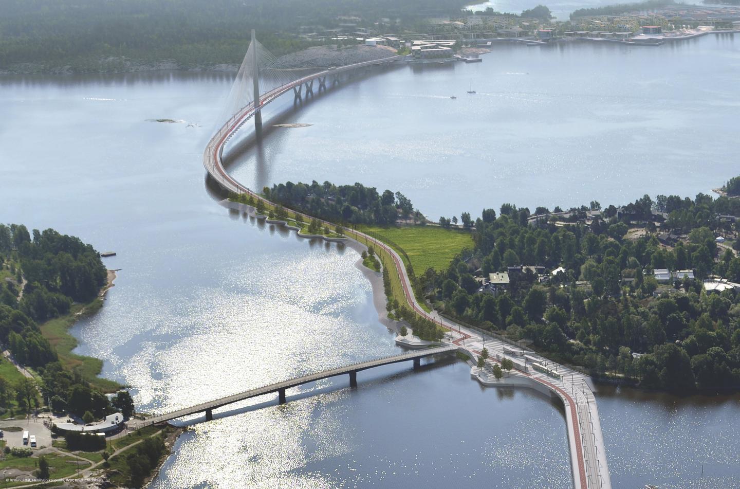 Ramboll were appointed as
construction designer for this 1.2km
long cable stayed bridge. The bridge
will shorten the distance from the
islands of Laajasalo to the centre of
Helsinki, thereby making it easier to
travel the distance by bike or even
on foot. The completed Kruunuvuori
Bridge will be special in many ways.
It will be the only bridge in the world
of this size that caters only for light
rail, pedestrians, and cyclists.
